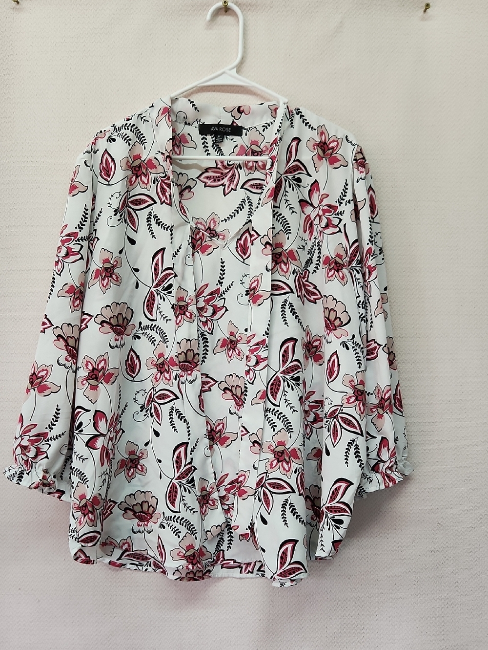 Rue Rose White Floral Tie-Neck Blouse with Pink Accents